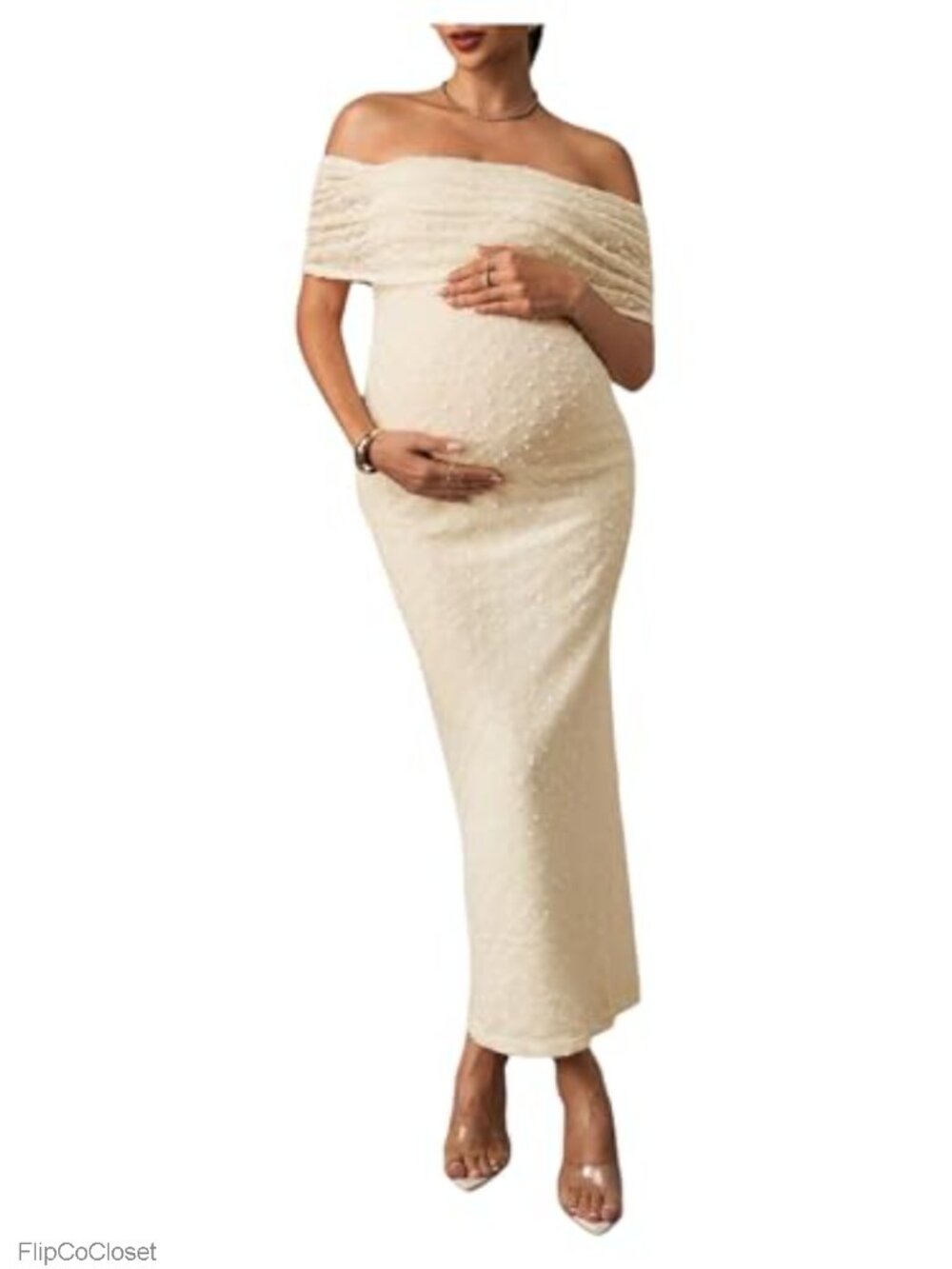 Off Shoulder Maternity Bodycon Maxi Dress, Polyester, Short Sleeve, Formal